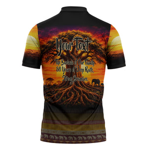 Personalized 80th Birthday Baobab Tree Zipper Polo Shirt African Sunset Savanna Silhouette Tribal Heritage Art