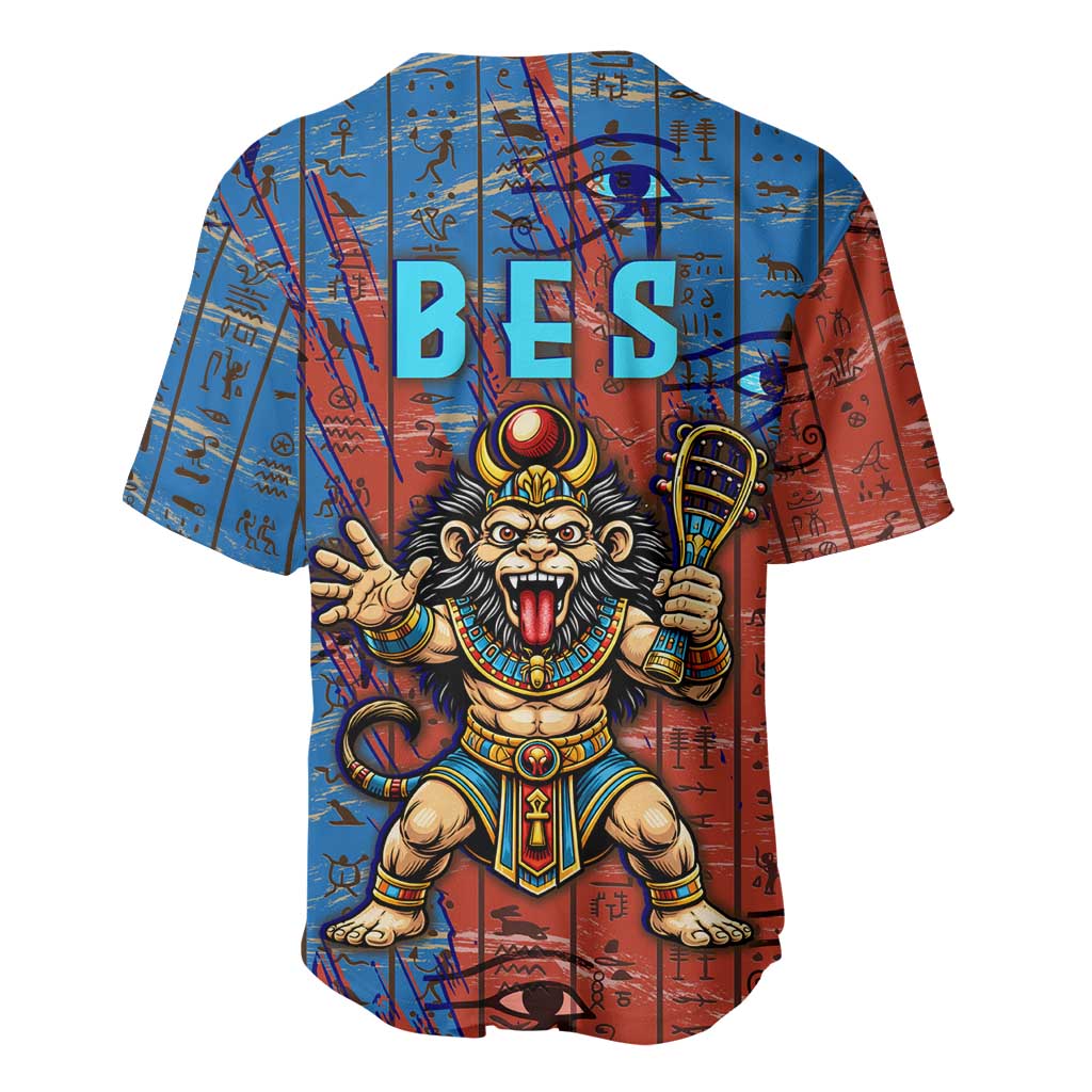Bes Baseball Jersey Ancient Egyptian Hieroglyphs and Sacred Symbols Ancient Myth - African Pride