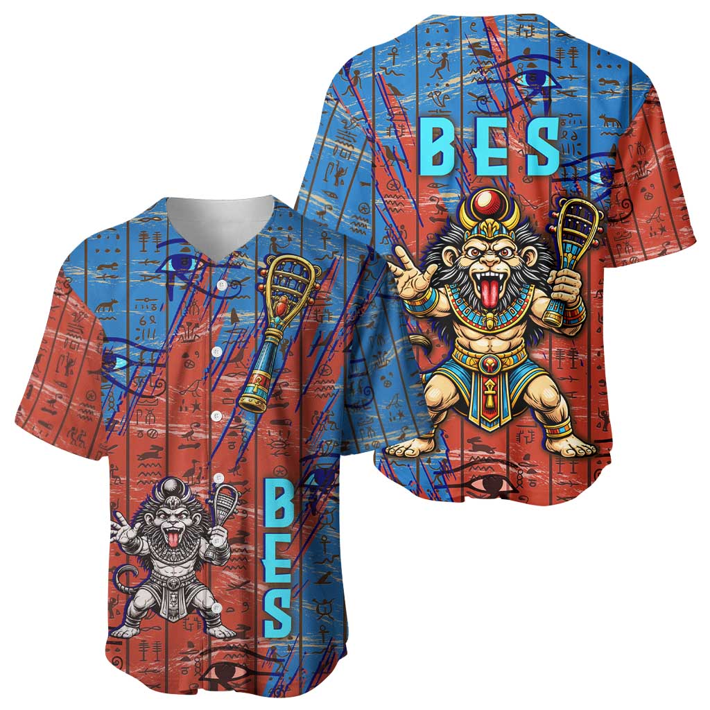 Bes Baseball Jersey Ancient Egyptian Hieroglyphs and Sacred Symbols Ancient Myth - African Pride