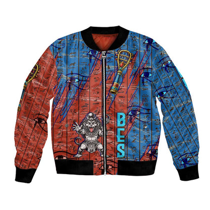 Bes Bomber Jacket Ancient Egyptian Hieroglyphs and Sacred Symbols Ancient Myth - African Pride