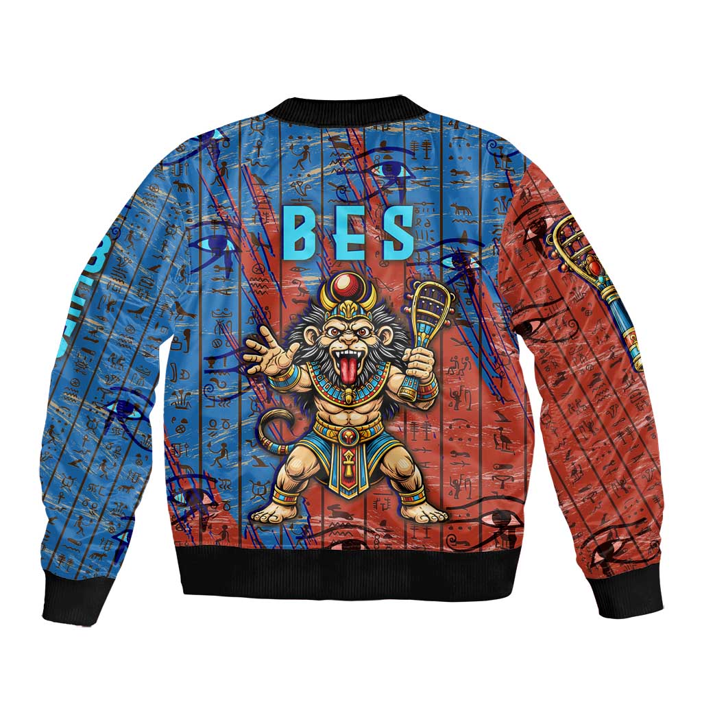 Bes Bomber Jacket Ancient Egyptian Hieroglyphs and Sacred Symbols Ancient Myth - African Pride