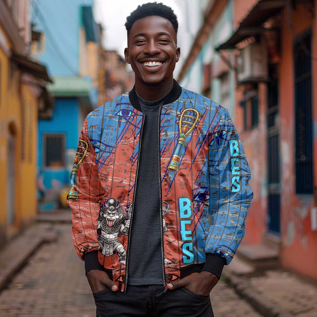 Bes Bomber Jacket Ancient Egyptian Hieroglyphs and Sacred Symbols Ancient Myth - African Pride