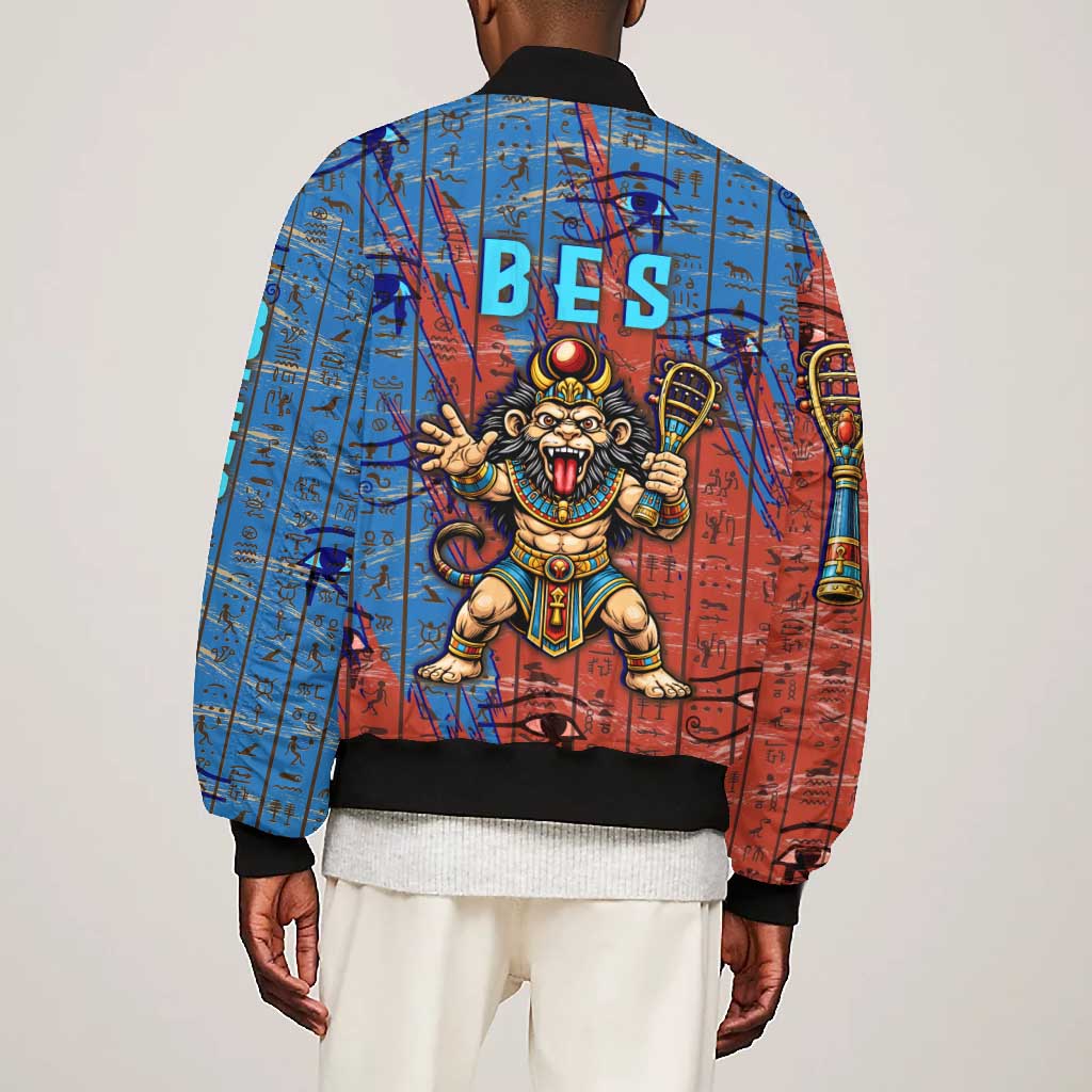 Bes Bomber Jacket Ancient Egyptian Hieroglyphs and Sacred Symbols Ancient Myth - African Pride