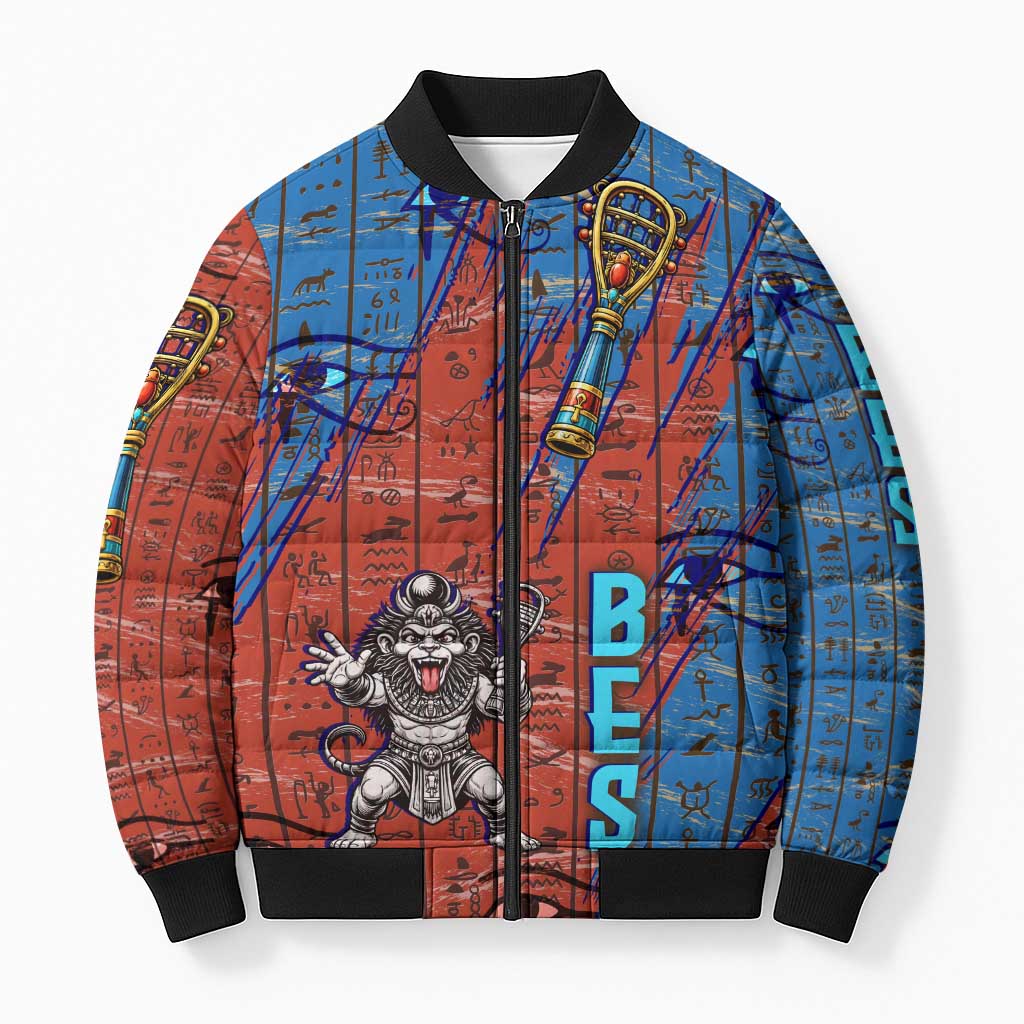 Bes Bomber Puffer Jacket Ancient Egyptian Hieroglyphs and Sacred Symbols Ancient Myth - African Pride