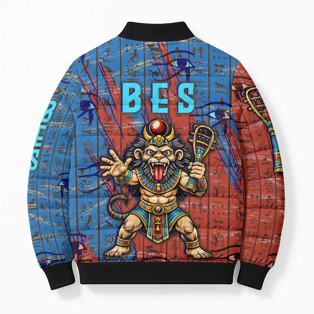 Bes Bomber Puffer Jacket Ancient Egyptian Hieroglyphs and Sacred Symbols Ancient Myth - African Pride
