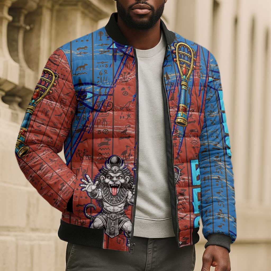 Bes Bomber Puffer Jacket Ancient Egyptian Hieroglyphs and Sacred Symbols Ancient Myth - African Pride