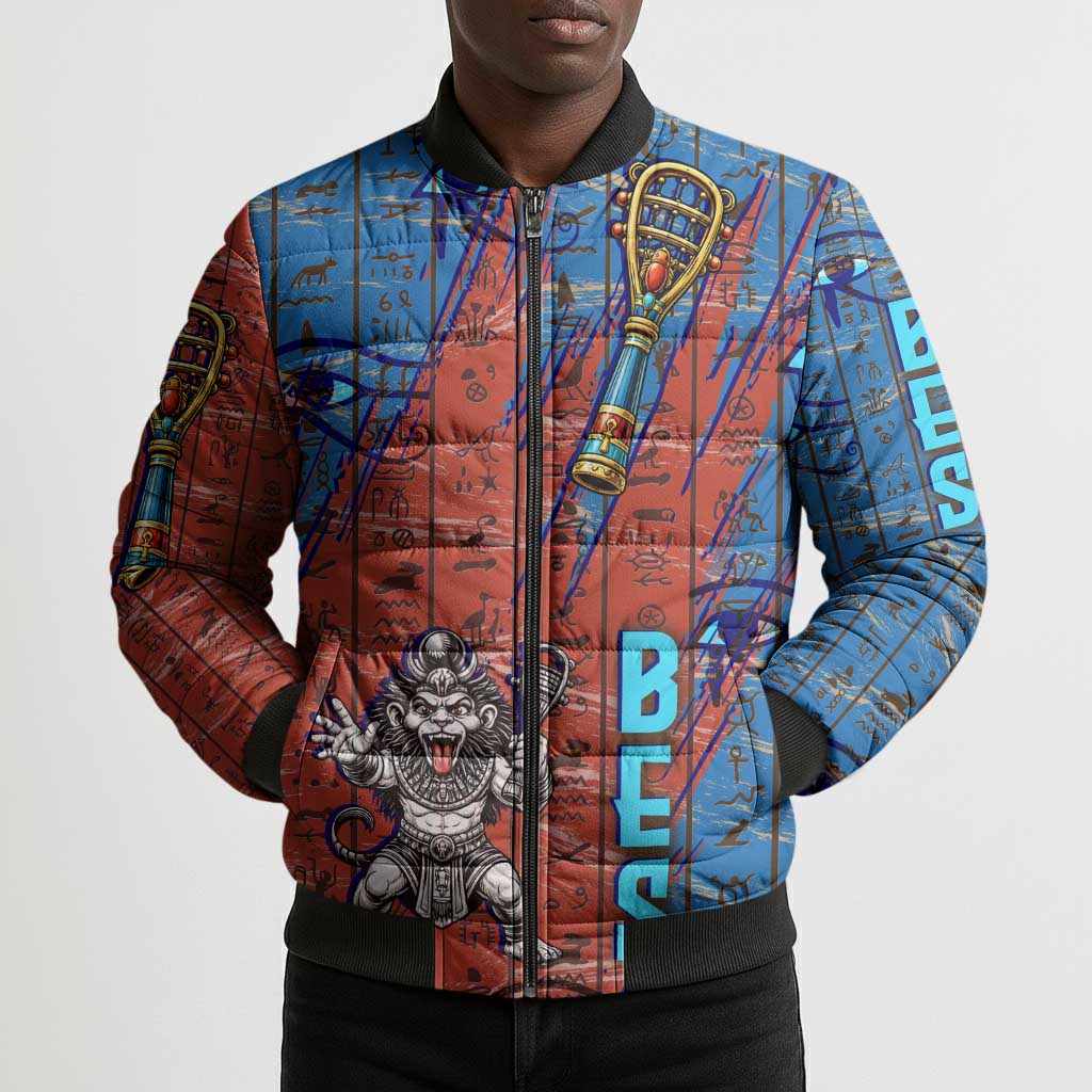 Bes Bomber Puffer Jacket Ancient Egyptian Hieroglyphs and Sacred Symbols Ancient Myth - African Pride