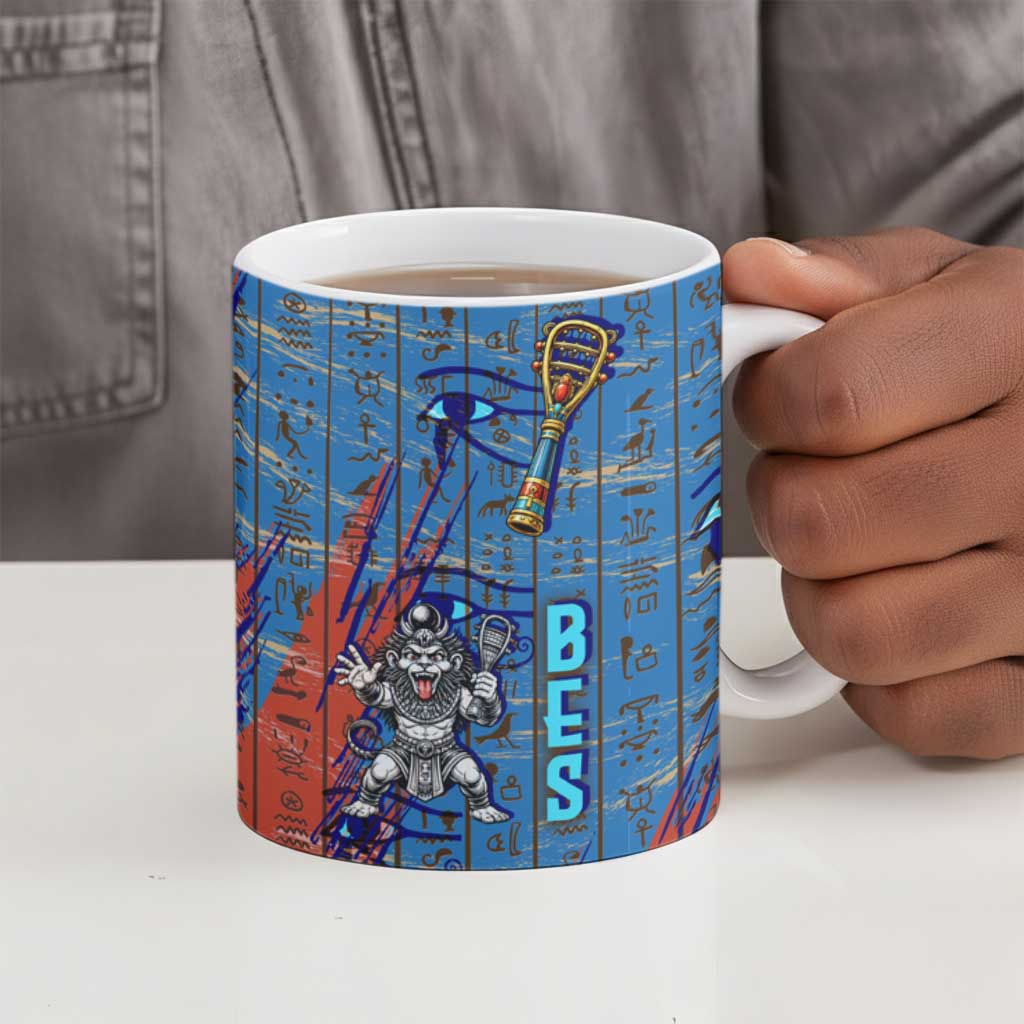 Bes Ceramic Mug Ancient Egyptian Hieroglyphs and Sacred Symbols Ancient Myth - African Pride