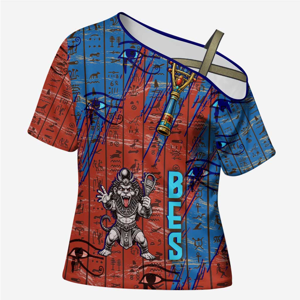 Bes Cross Shoulder Shirt Ancient Egyptian Hieroglyphs and Sacred Symbols Ancient Myth - African Pride