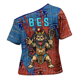 Bes Cross Shoulder Shirt Ancient Egyptian Hieroglyphs and Sacred Symbols Ancient Myth - African Pride