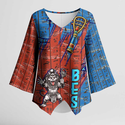 Bes Kimono Sleeve Blouse Ancient Egyptian Hieroglyphs and Sacred Symbols Ancient Myth - African Pride
