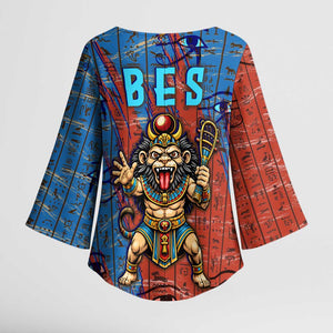 Bes Kimono Sleeve Blouse Ancient Egyptian Hieroglyphs and Sacred Symbols Ancient Myth - African Pride