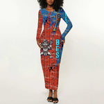 Bes Long Sleeve Bodycon Dress Ancient Egyptian Hieroglyphs and Sacred Symbols Ancient Myth - African Pride