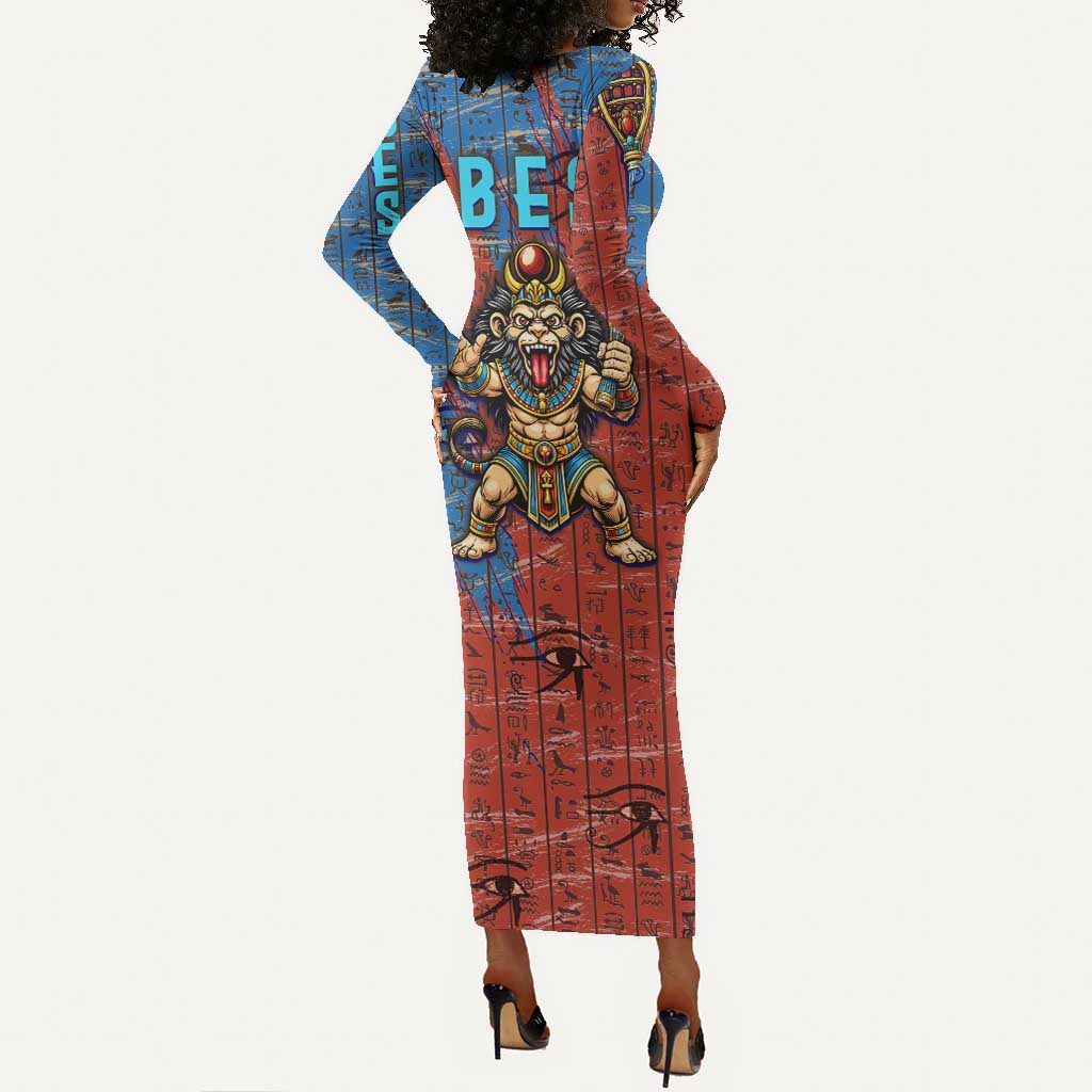 Bes Long Sleeve Bodycon Dress Ancient Egyptian Hieroglyphs and Sacred Symbols Ancient Myth - African Pride