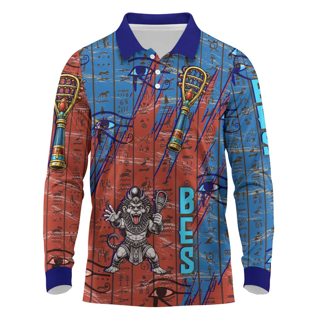 Bes Long Sleeve Polo Shirt Ancient Egyptian Hieroglyphs and Sacred Symbols Ancient Myth - African Pride