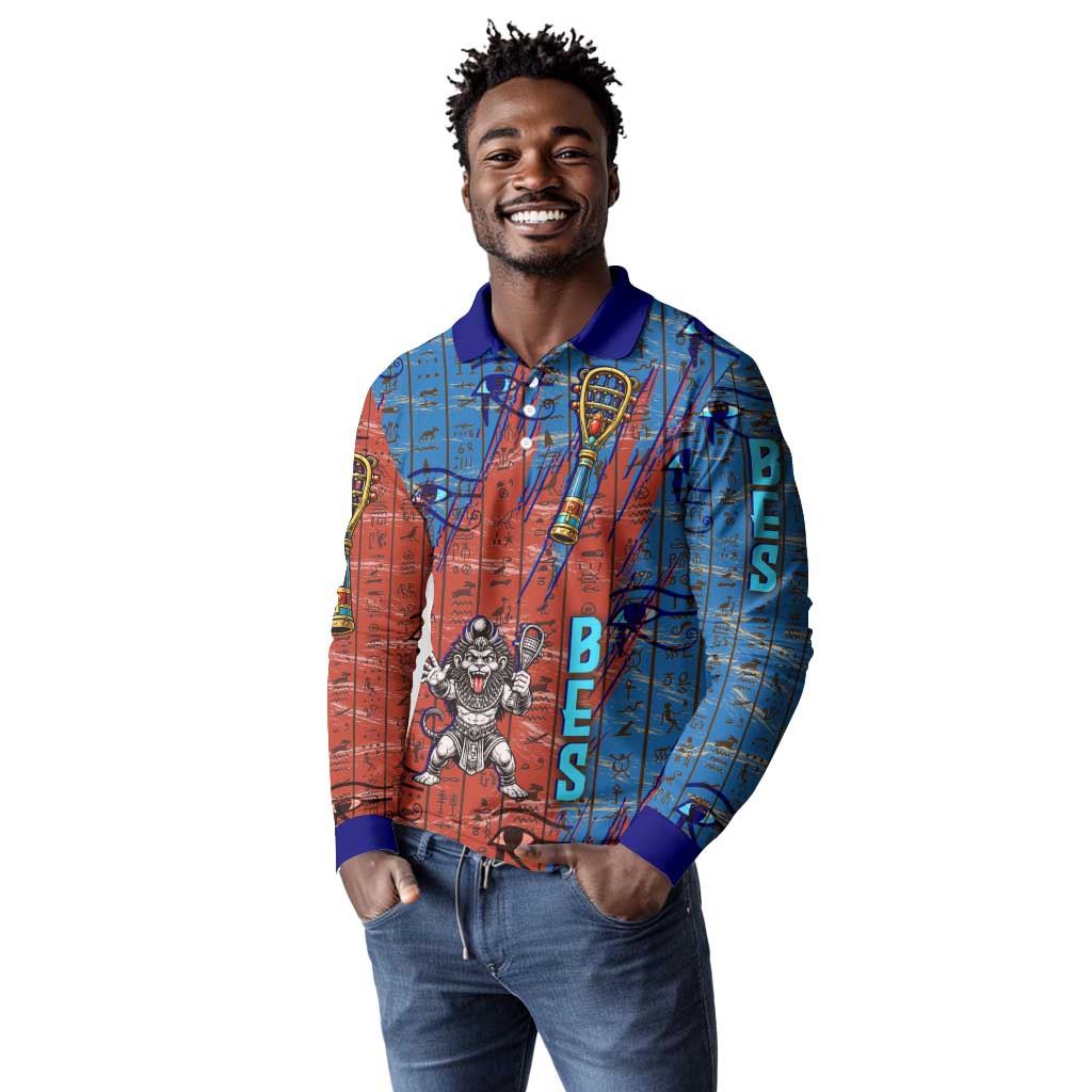 Bes Long Sleeve Polo Shirt Ancient Egyptian Hieroglyphs and Sacred Symbols Ancient Myth - African Pride
