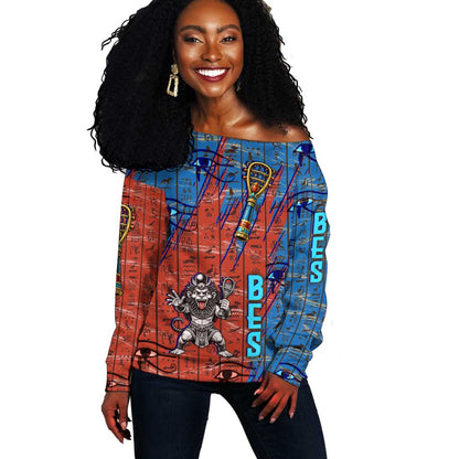 Bes Off Shoulder Sweater Ancient Egyptian Hieroglyphs and Sacred Symbols Ancient Myth - African Pride