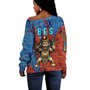 Bes Off Shoulder Sweater Ancient Egyptian Hieroglyphs and Sacred Symbols Ancient Myth - African Pride