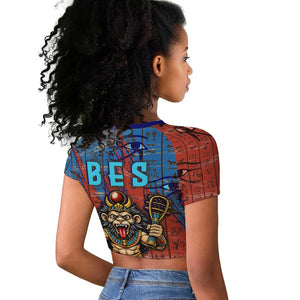 Bes Raglan Cropped T shirt Ancient Egyptian Hieroglyphs and Sacred Symbols Ancient Myth - African Pride