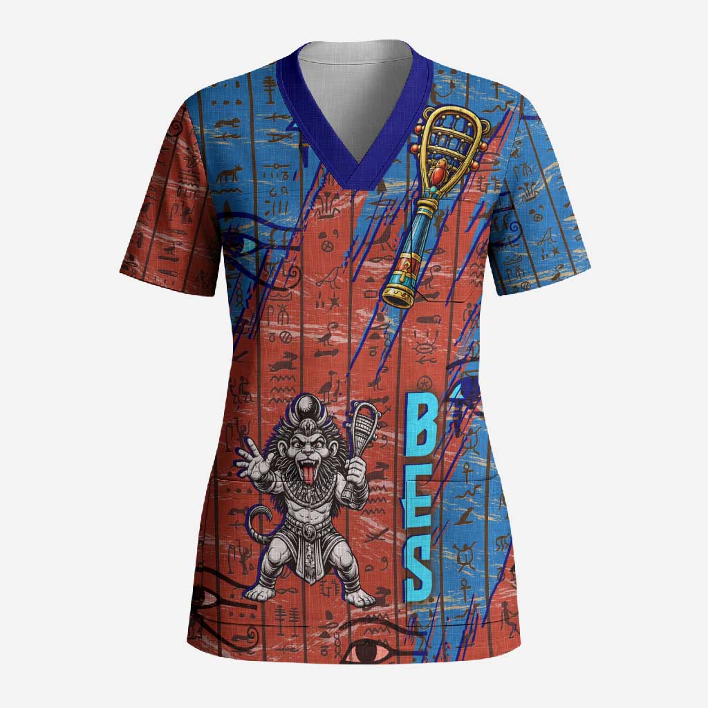 Bes Scrub Top Ancient Egyptian Hieroglyphs and Sacred Symbols Ancient Myth - African Pride