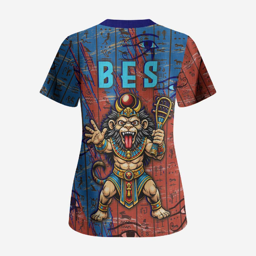 Bes Scrub Top Ancient Egyptian Hieroglyphs and Sacred Symbols Ancient Myth - African Pride