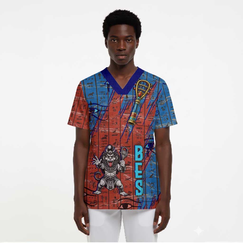 Bes Scrub Top Ancient Egyptian Hieroglyphs and Sacred Symbols Ancient Myth - African Pride