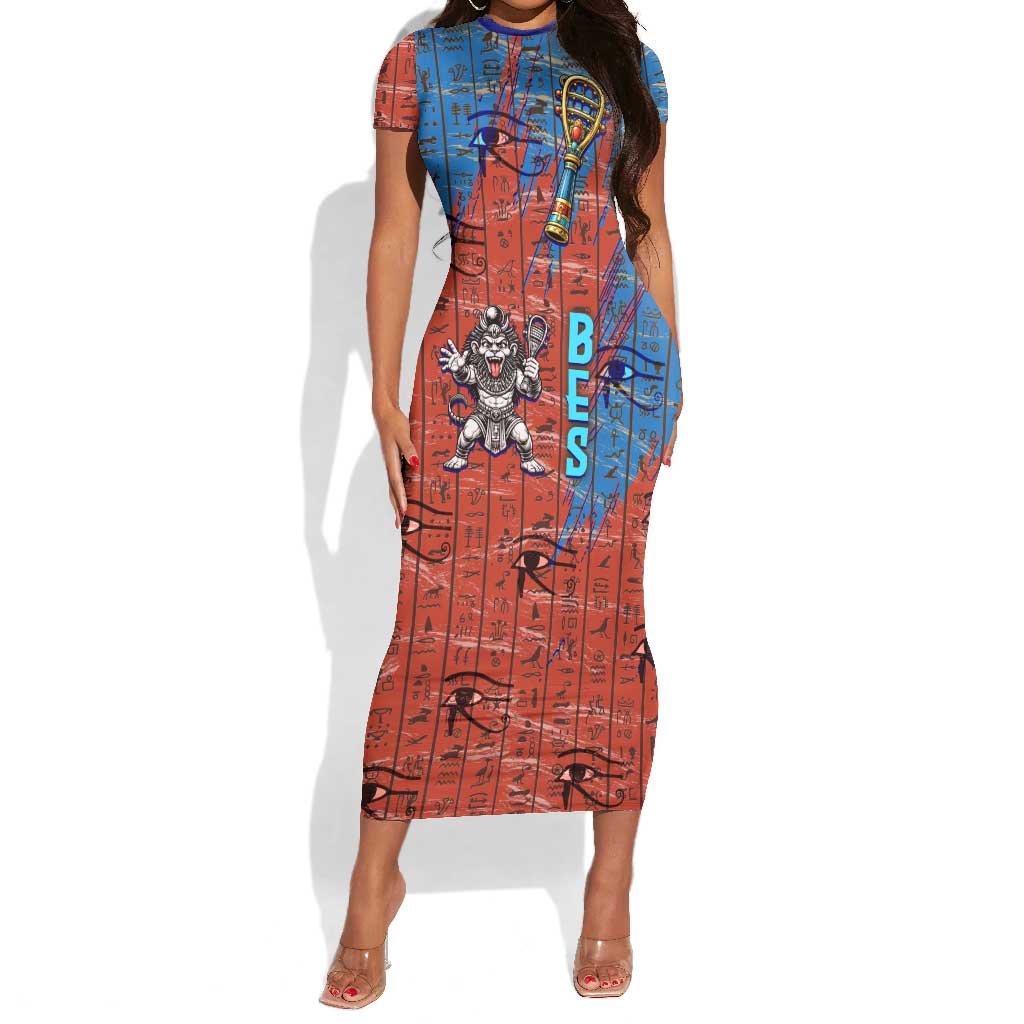 Bes Short Sleeve Bodycon Dress Ancient Egyptian Hieroglyphs and Sacred Symbols Ancient Myth - African Pride