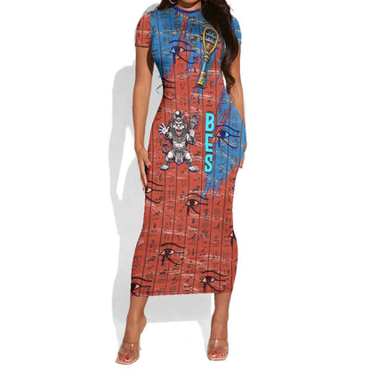 Bes Short Sleeve Bodycon Dress Ancient Egyptian Hieroglyphs and Sacred Symbols Ancient Myth - African Pride