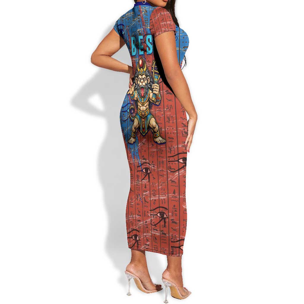 Bes Short Sleeve Bodycon Dress Ancient Egyptian Hieroglyphs and Sacred Symbols Ancient Myth - African Pride