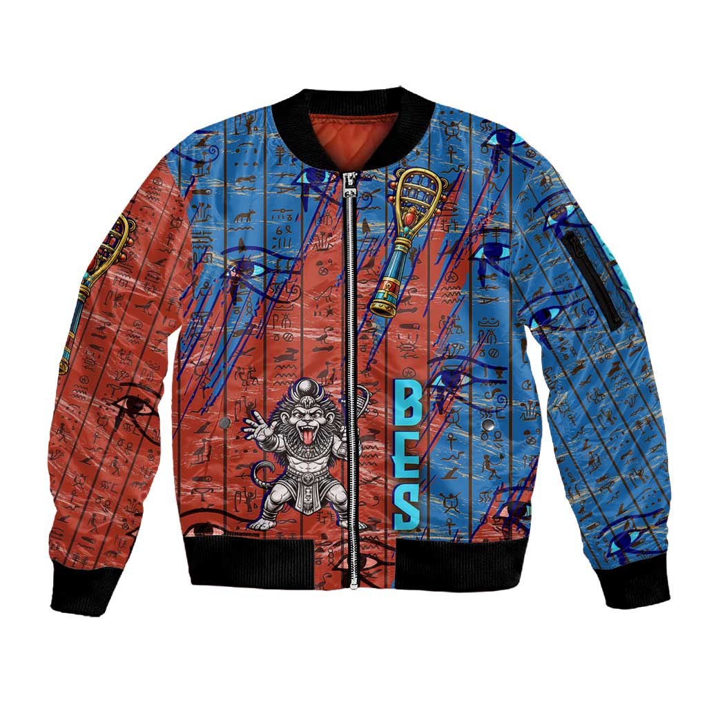 Bes Sleeve Zip Bomber Jacket Ancient Egyptian Hieroglyphs and Sacred Symbols Ancient Myth - African Pride