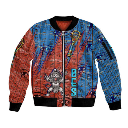 Bes Sleeve Zip Bomber Jacket Ancient Egyptian Hieroglyphs and Sacred Symbols Ancient Myth - African Pride