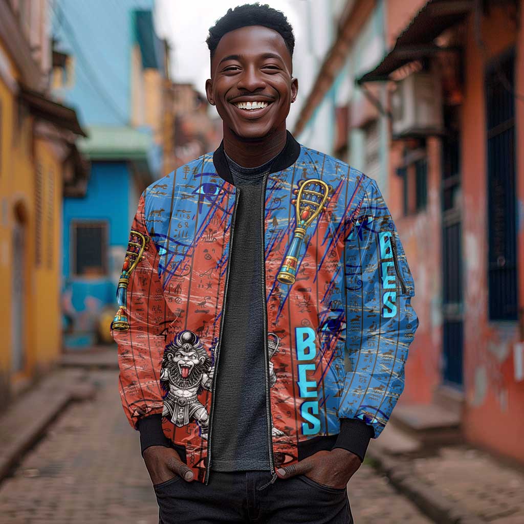 Bes Sleeve Zip Bomber Jacket Ancient Egyptian Hieroglyphs and Sacred Symbols Ancient Myth - African Pride