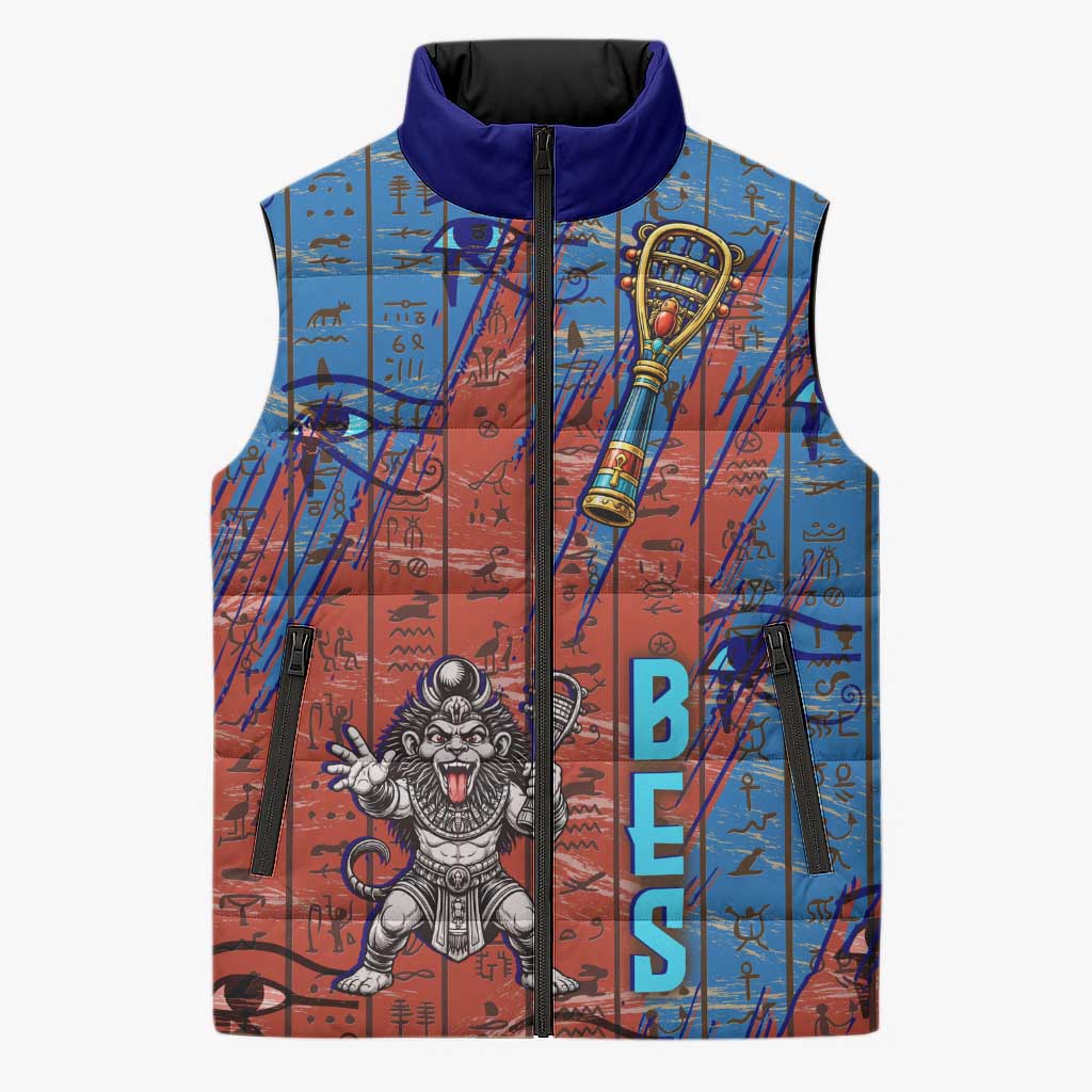 Bes Sleeveless Puffer Jacket Ancient Egyptian Hieroglyphs and Sacred Symbols Ancient Myth - African Pride