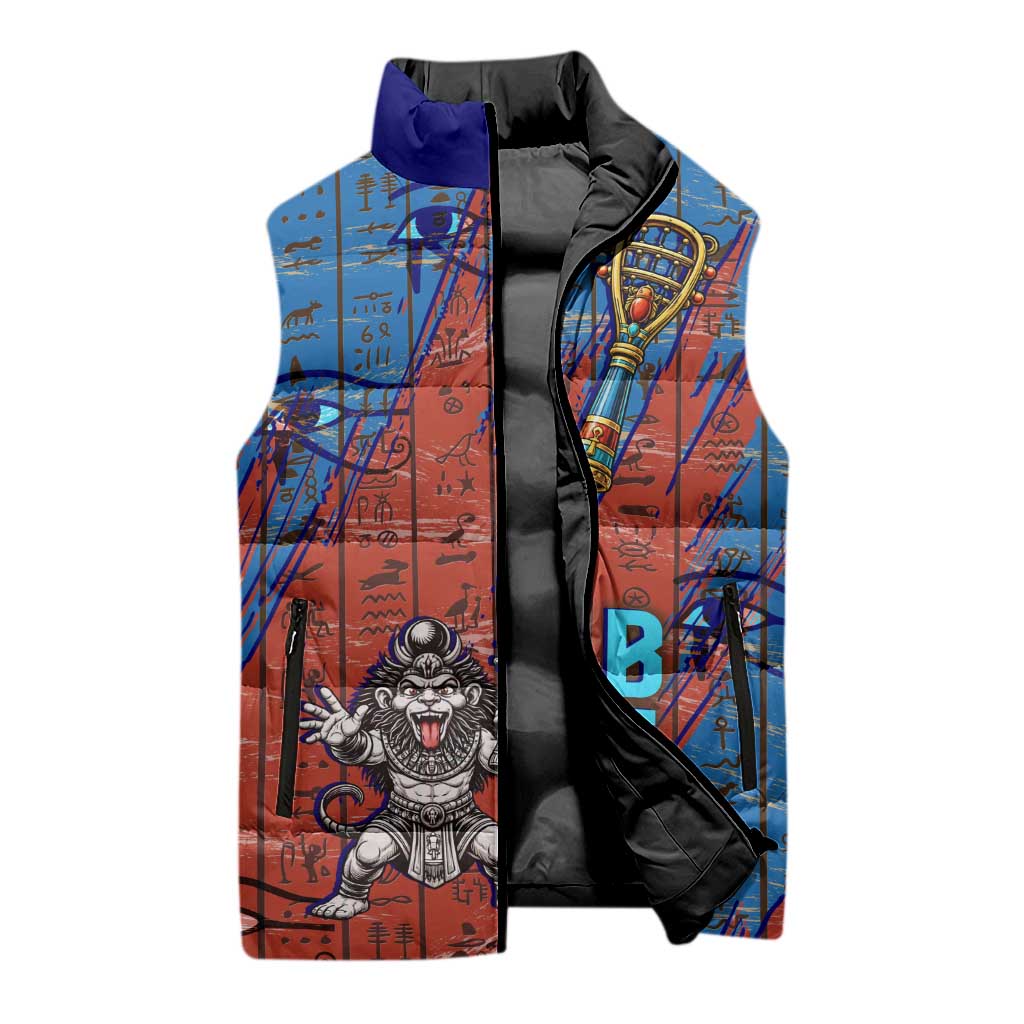 Bes Sleeveless Puffer Jacket Ancient Egyptian Hieroglyphs and Sacred Symbols Ancient Myth - African Pride
