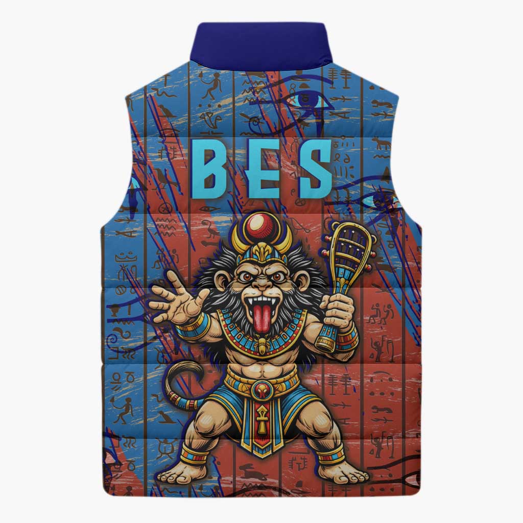 Bes Sleeveless Puffer Jacket Ancient Egyptian Hieroglyphs and Sacred Symbols Ancient Myth - African Pride