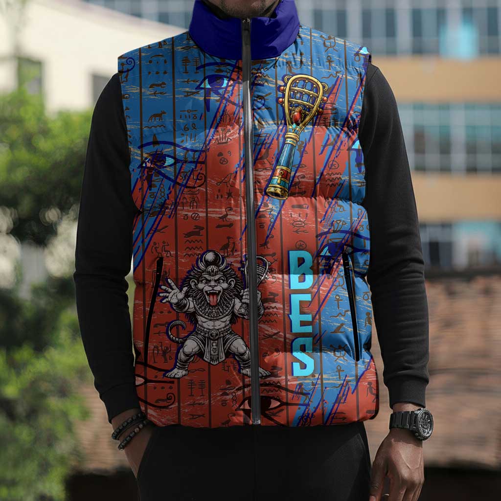 Bes Sleeveless Puffer Jacket Ancient Egyptian Hieroglyphs and Sacred Symbols Ancient Myth - African Pride