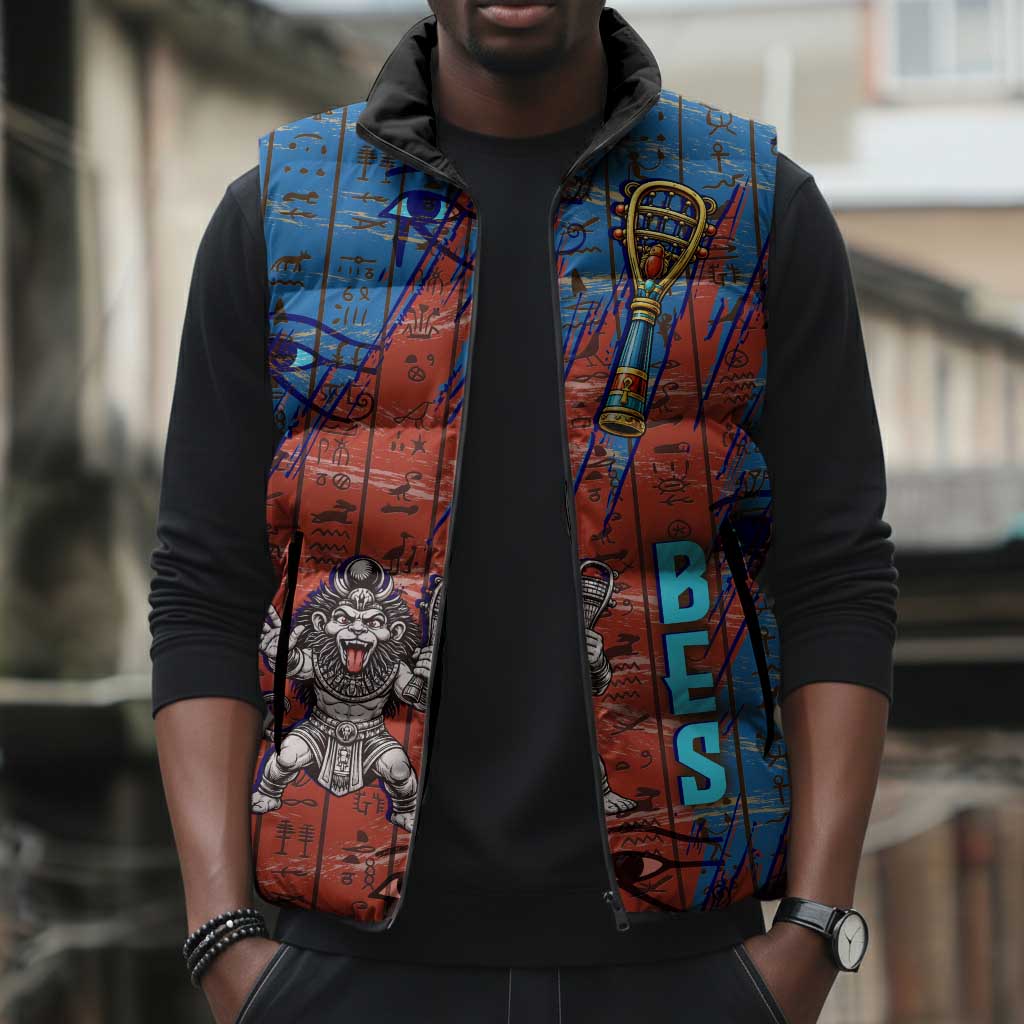 Bes Sleeveless Puffer Jacket Ancient Egyptian Hieroglyphs and Sacred Symbols Ancient Myth - African Pride