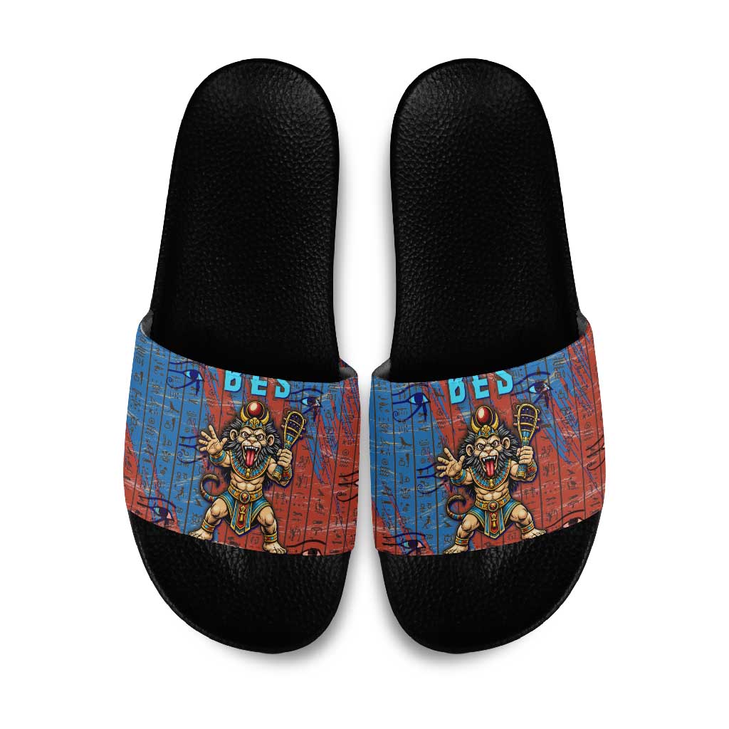 Bes Slide Sandals Ancient Egyptian Hieroglyphs and Sacred Symbols Ancient Myth - African Pride