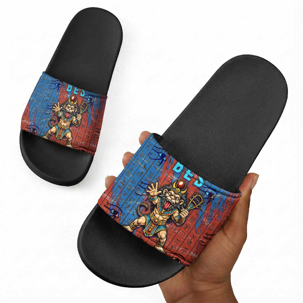 Bes Slide Sandals Ancient Egyptian Hieroglyphs and Sacred Symbols Ancient Myth - African Pride