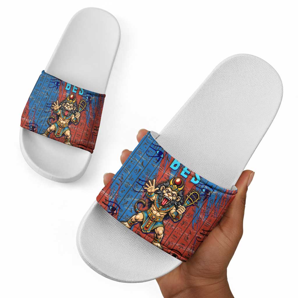 Bes Slide Sandals Ancient Egyptian Hieroglyphs and Sacred Symbols Ancient Myth - African Pride