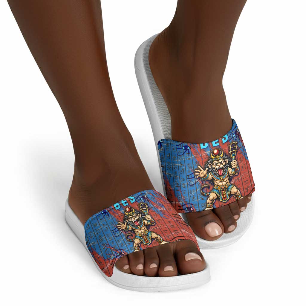 Bes Slide Sandals Ancient Egyptian Hieroglyphs and Sacred Symbols Ancient Myth - African Pride