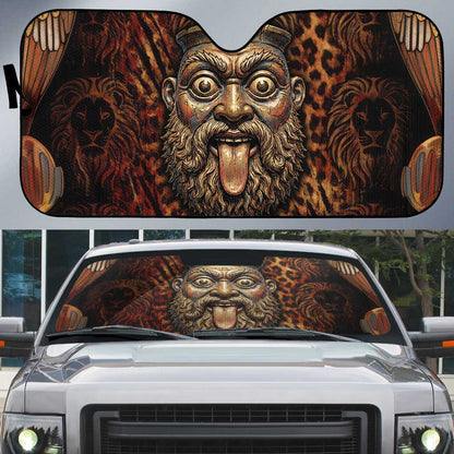 Bes Ancient Egyptian Auto Sun Shade with Leopard Print Ankh and Eye of Horus Egyptian Deity Tribute - African Pride