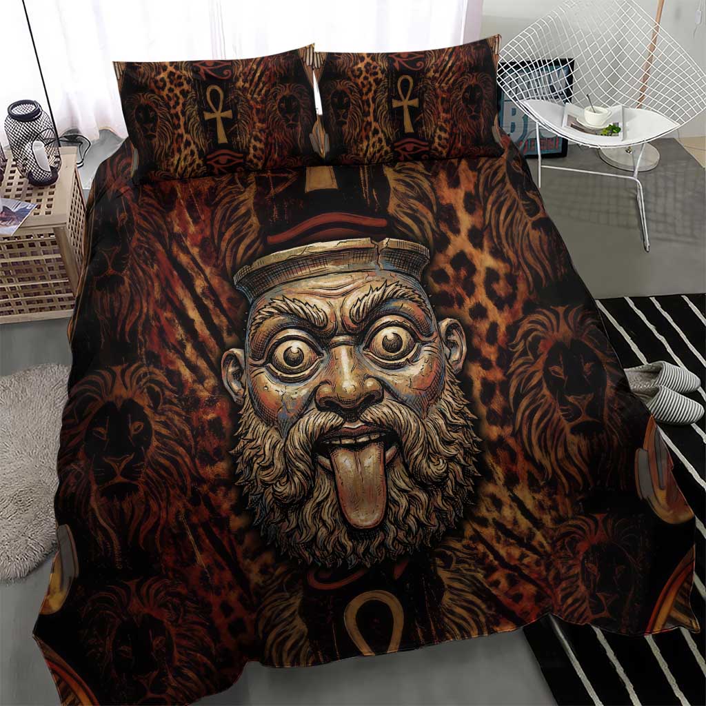 Bes Ancient Egyptian Bedding Set with Leopard Print Ankh and Eye of Horus Egyptian Deity Tribute - African Pride