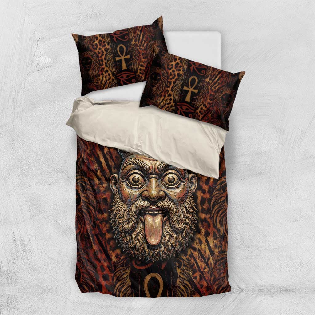 Bes Ancient Egyptian Bedding Set with Leopard Print Ankh and Eye of Horus Egyptian Deity Tribute - African Pride
