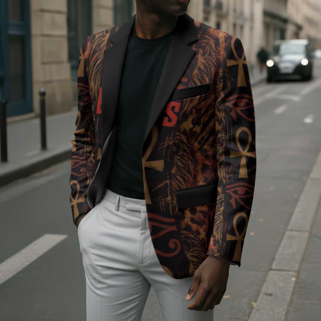 Bes Ancient Egyptian Blazer with Leopard Print Ankh and Eye of Horus Egyptian Deity Tribute - African Pride