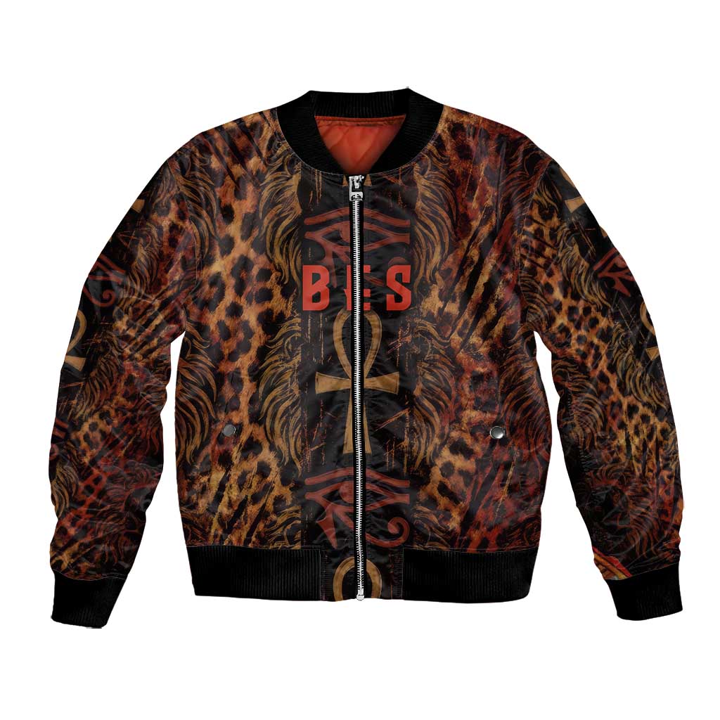 Bes Ancient Egyptian Bomber Jacket with Leopard Print Ankh and Eye of Horus Egyptian Deity Tribute - African Pride