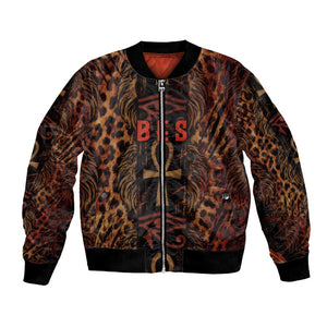 Bes Ancient Egyptian Bomber Jacket with Leopard Print Ankh and Eye of Horus Egyptian Deity Tribute - African Pride