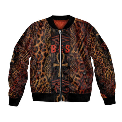 Bes Ancient Egyptian Bomber Jacket with Leopard Print Ankh and Eye of Horus Egyptian Deity Tribute - African Pride