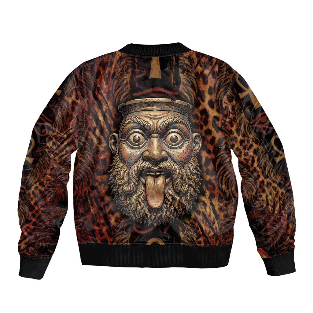 Bes Ancient Egyptian Bomber Jacket with Leopard Print Ankh and Eye of Horus Egyptian Deity Tribute - African Pride