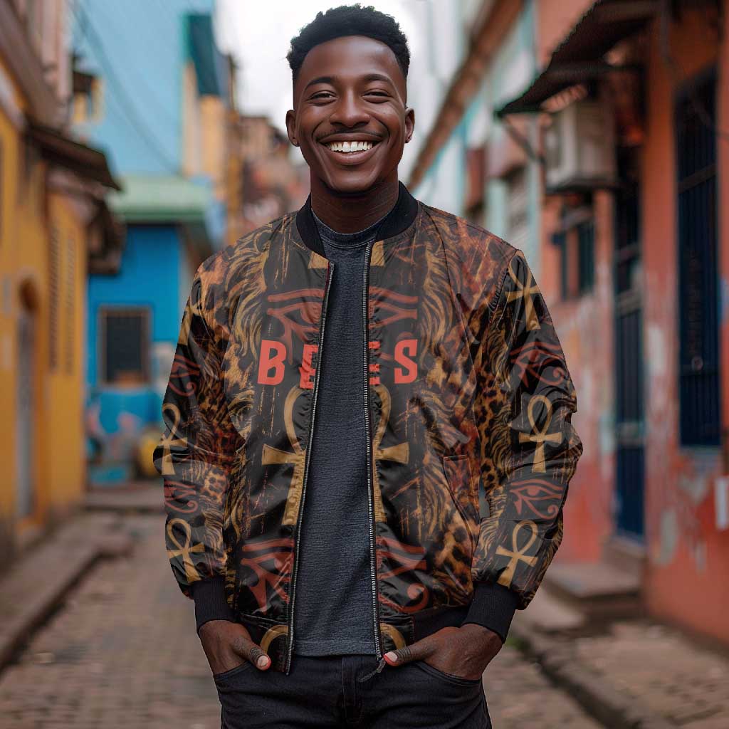 Bes Ancient Egyptian Bomber Jacket with Leopard Print Ankh and Eye of Horus Egyptian Deity Tribute - African Pride